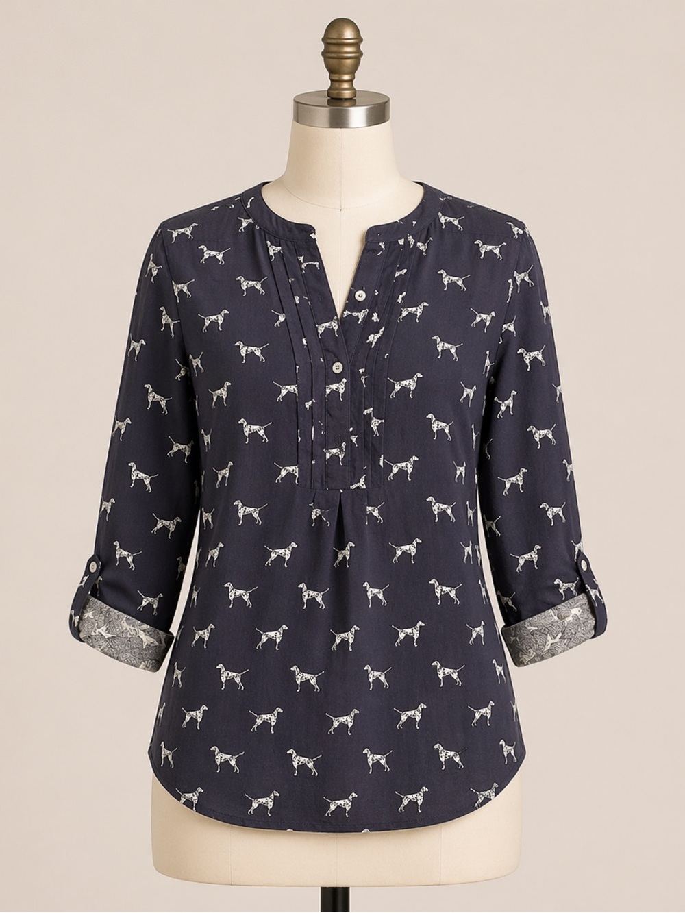 Talbots Dalmatian 3/4 Button Front Shirt Womens Blue Pleated Long Sleeve Size 2P